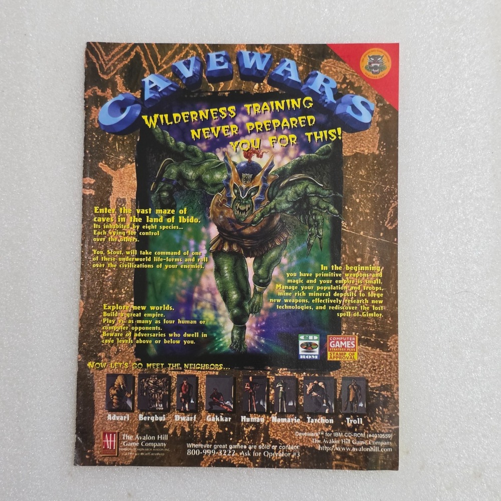Vintage 1997 Cavewars Computer Game Print Ad Wilderness Training 8x10 Original
